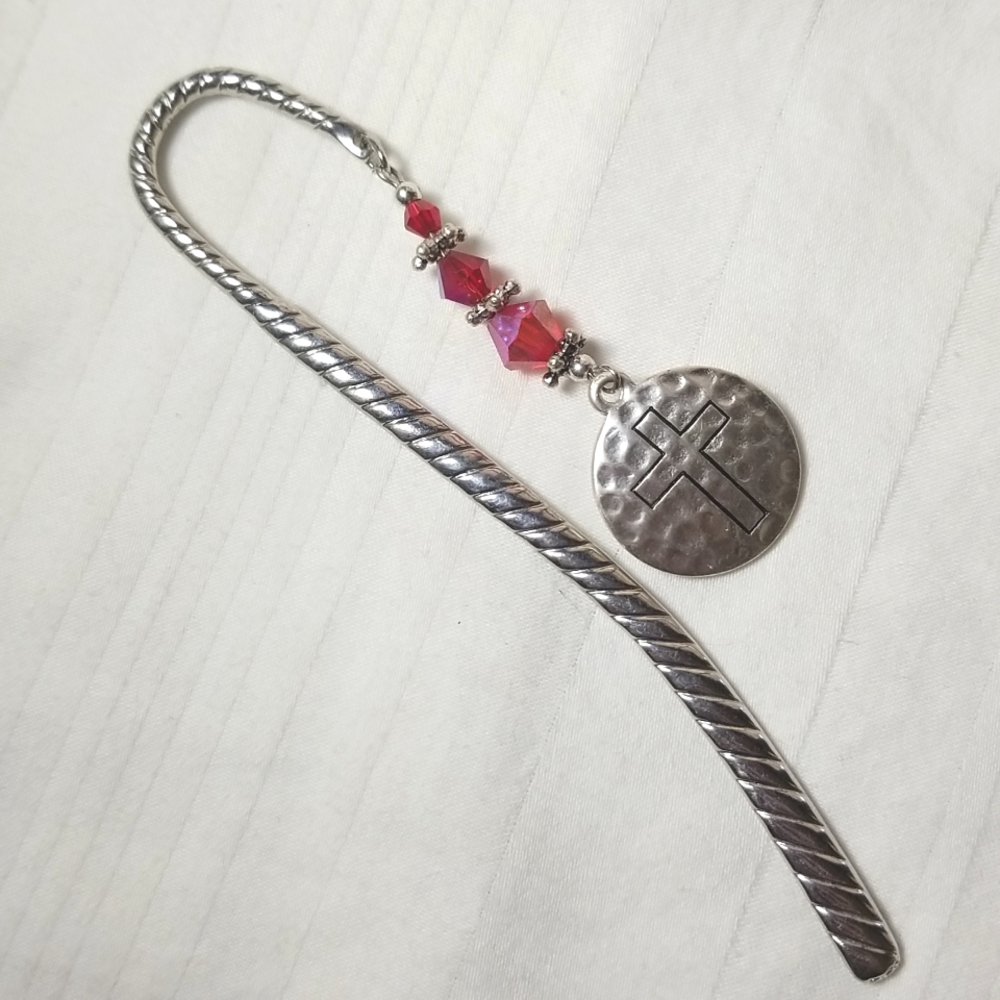 Silver Cross Red Bead Book Mark